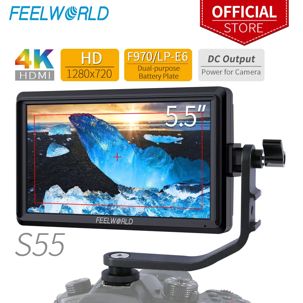 

FEELWORLD S55 5.5 Inch IPS on Camera Field DSLR Monitor Focus Assist 1280x720 Support 4K HDMI Input DC Output Include Tilt Arm