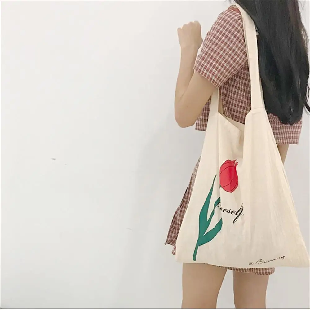 Летняя тонкая большая хлопковая льняная Экологичная для шоппинга с ручкой сумка на плечо с принтом Красного цветка розы CYB05