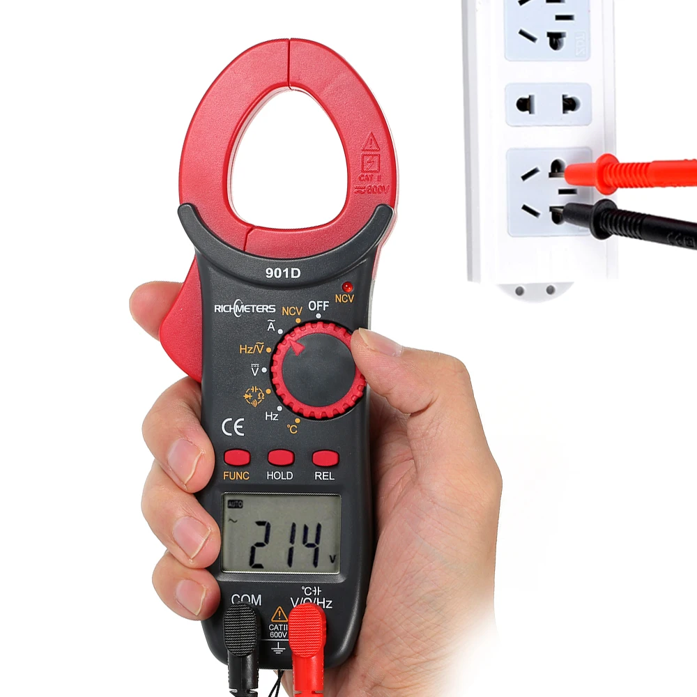 

Digital Clamp Meter 4000 Counts NCV Voltage Meters Poetable Frequency Resistance Capacitance Diod Temperature Multimeter RM901D
