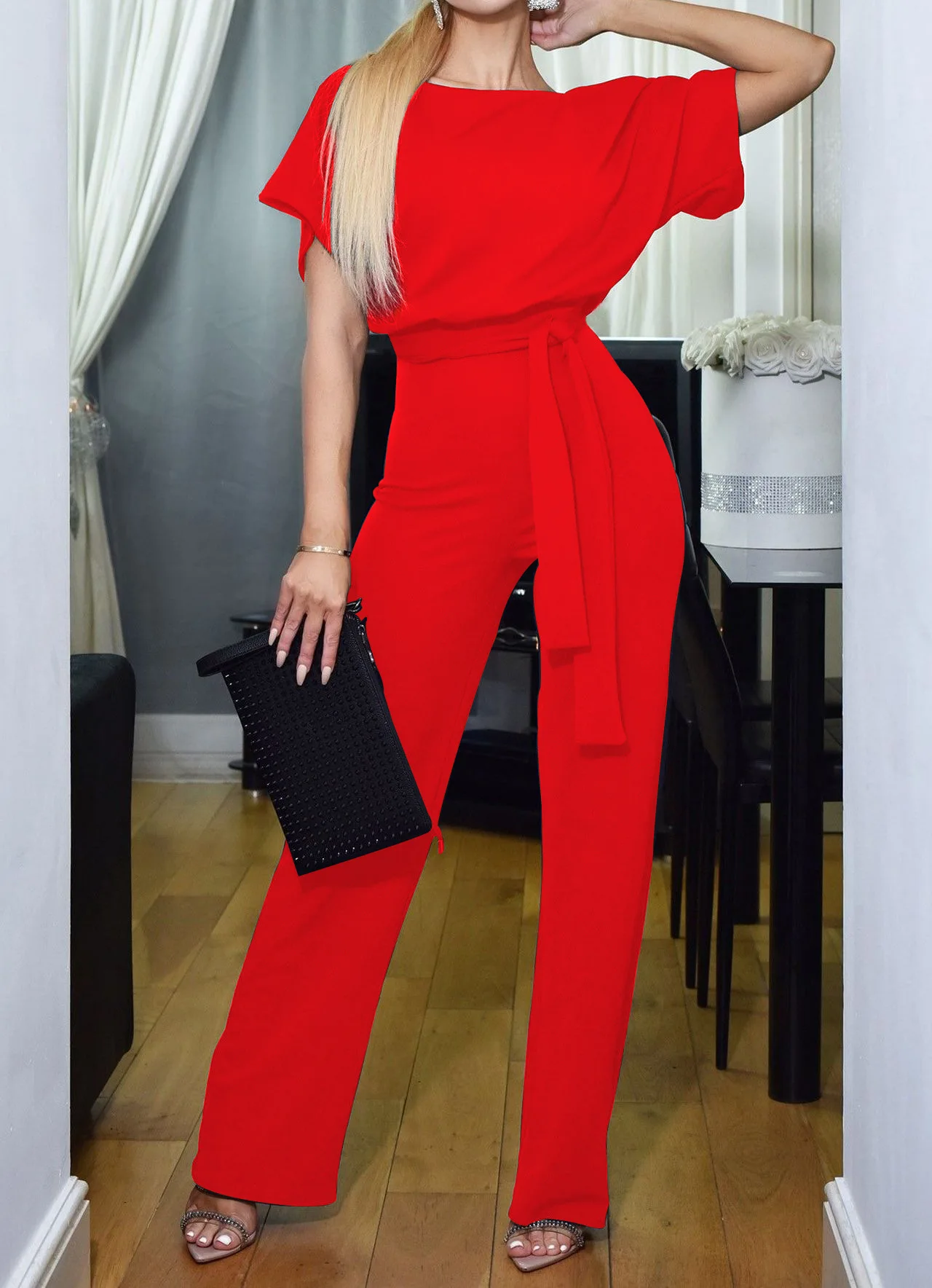 Women Short Sleeve Playsuit Clubwear Straight Leg Jumpsuit With Belt Wear Long Length Jumpsuit Women Short Sleeve Playsuit Clubwear Straight Leg Jumpsuit With Belt Wear Long Length Jumpsuit