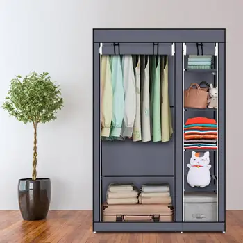 

67" Portable Clothes Closet Non-Woven Fabric Wardrobe Foldable Assembly 5 Layer 6 Grid Double Rod Storage Organizer Gray