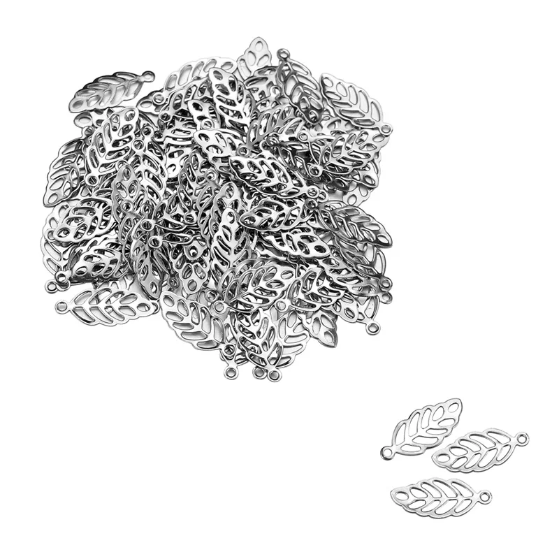 

Valyria 100pcs Silver Tone Stainless Steel Hollow-out Leaf Charm Pendant for DIY Jewelry Making 13mmx6mm