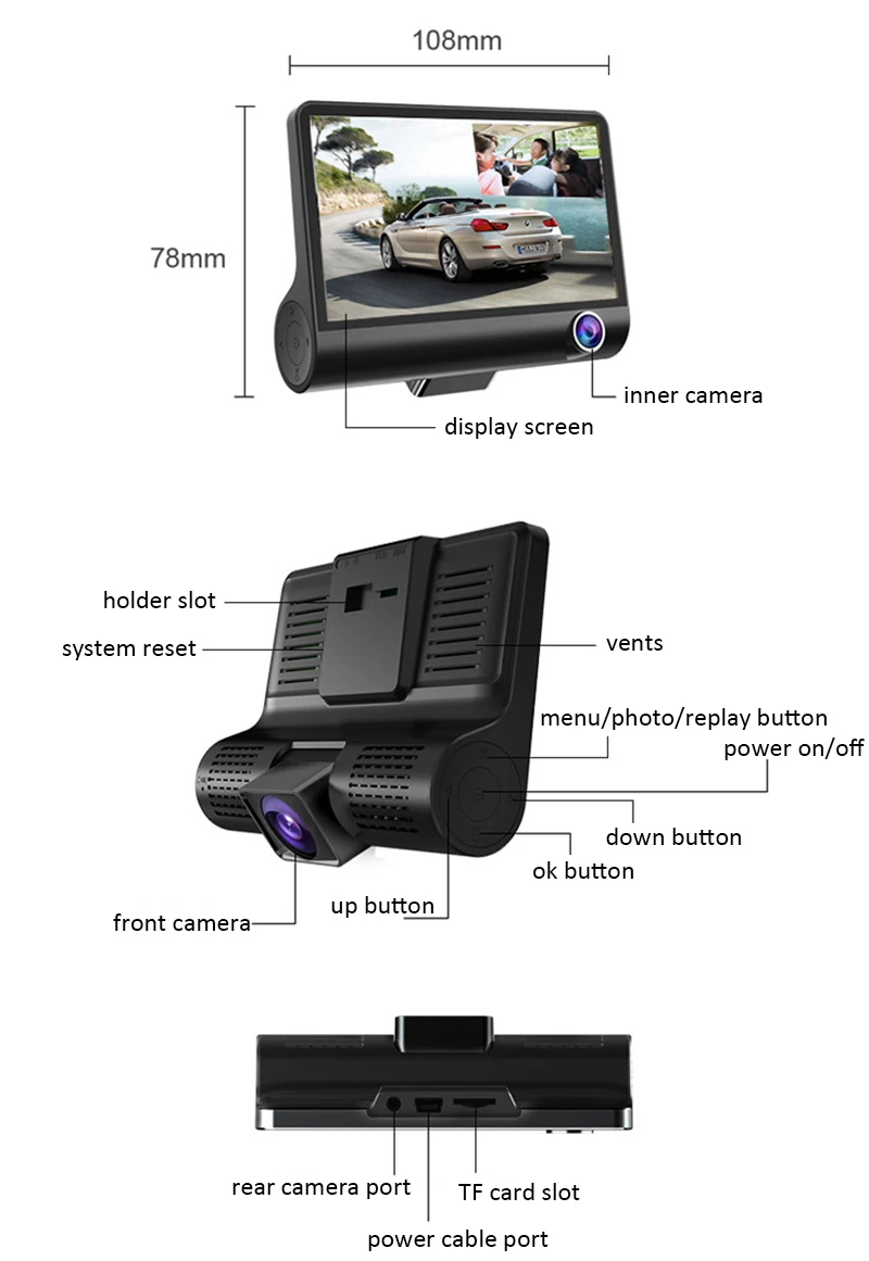 Автомобильный видеорегистратор 3 камеры s объектив 4,0 дюймов видеорегистратор двойной объектив с камерой заднего вида привод видео регистратор Авто регистратор dvr видеорегистратор