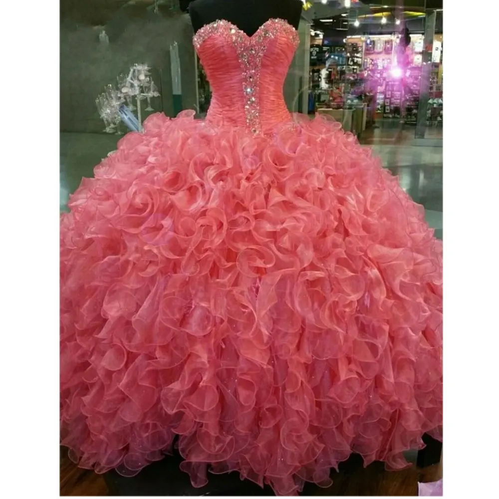 Бальное платье без бретелек Quinceanera расшитый кристаллами и стразами рюшами коралловый шар платья Сладкие 16 платье для подростков