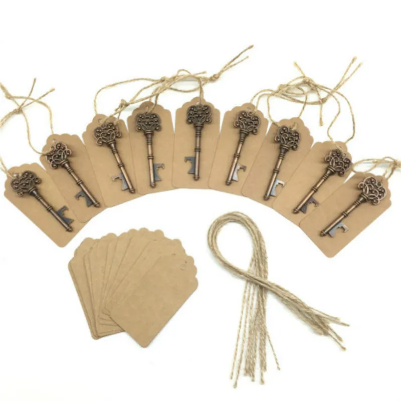 

100Pcs 3Colors Key Shaped Bottle Openers Beer Wine Bottle Opener Keychain Ring Open Bar Wedding Party Decoration+Label Hemp Rope
