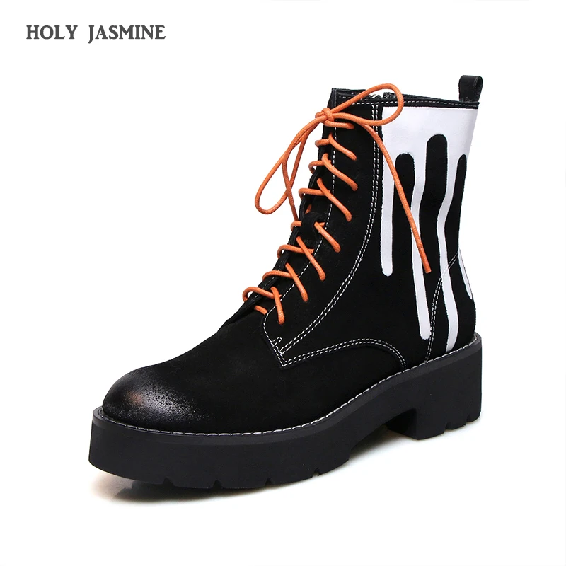 

2019 New Spring/autumn Cow Suede Women Fashion Ankle Boots Thick Heel Round Toe Martin Boots Zipper Mixed Color Motorcycle Boot
