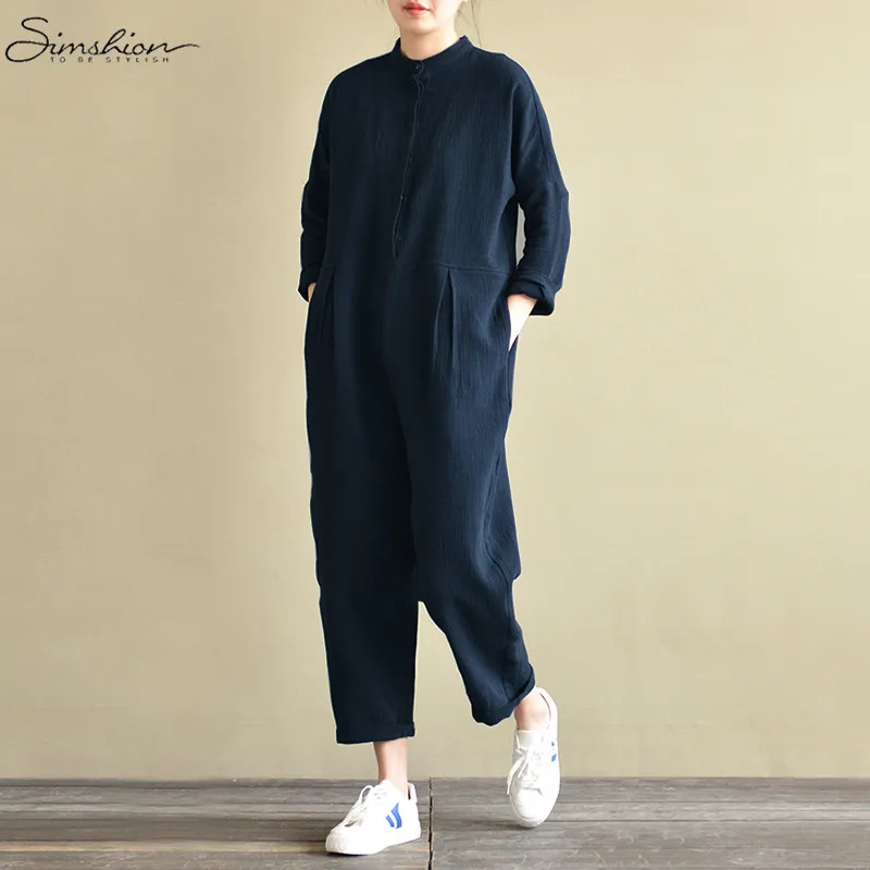 Vintage Linen Jumpsuits 2018 Women Long Sleeve Rompers Female Casual Solid Overalls Pockets Oversized Lady Autumn Pantalon Pants