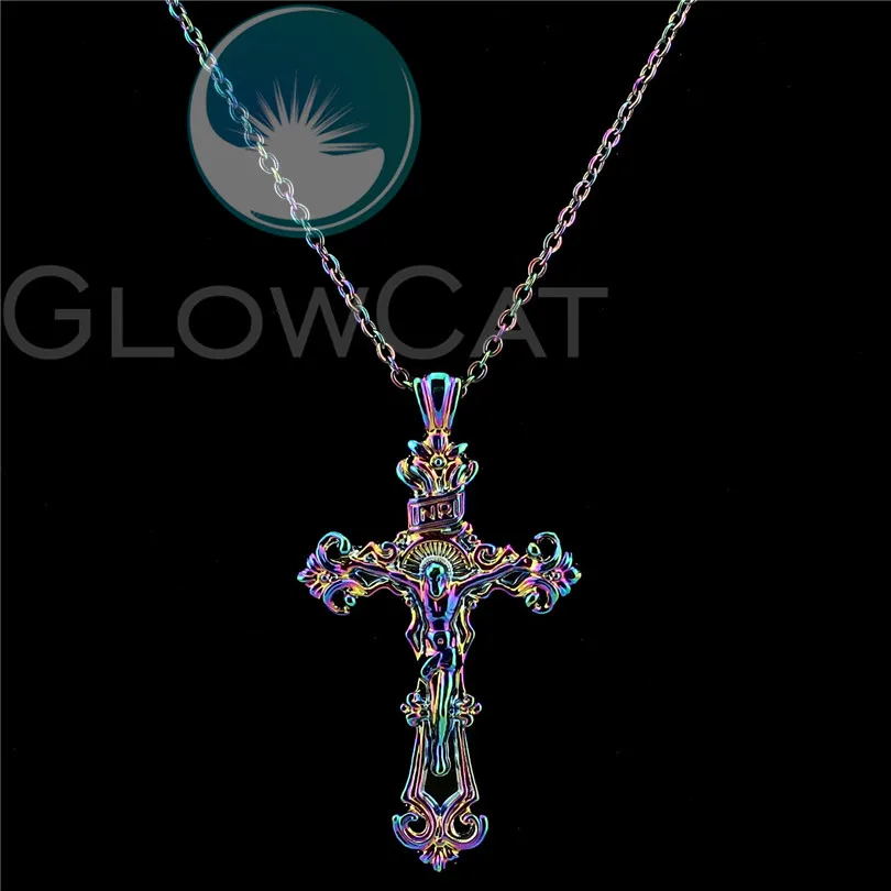 

Rainbow Colors Jesus Christ Cross INRI Pendant 20'' Stainless Chains Necklace Women Girl New Year Gift