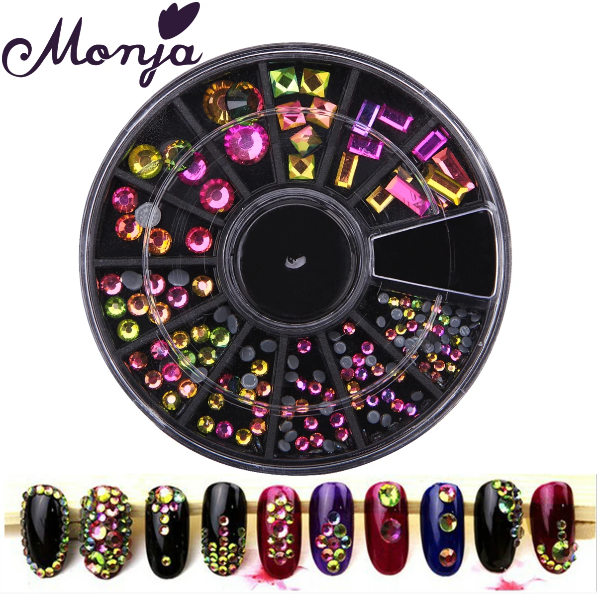 

Monja 12grids Nail Art Flame Geometric Multi Shape Flat Rhinestone Stud Gel Polish DIY Adhesive Diamond Gem Acrylic Crystal Bead
