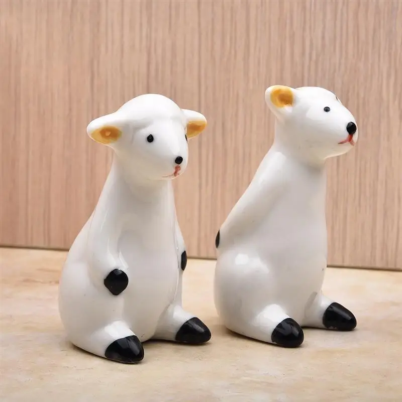 2pcs Ceramic Animal Figurines White Porcelain Sheep Micro House Fairy
