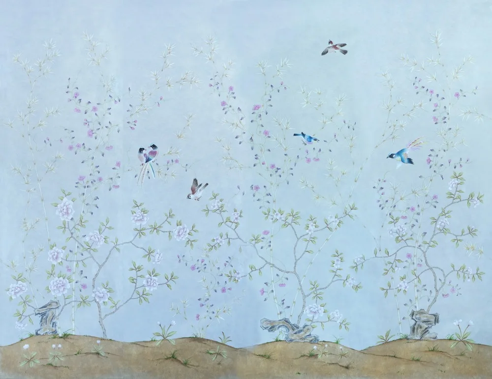 

Classic style elegant Hand-painted silk wallpaper painting flower with birds many patterns and background optional