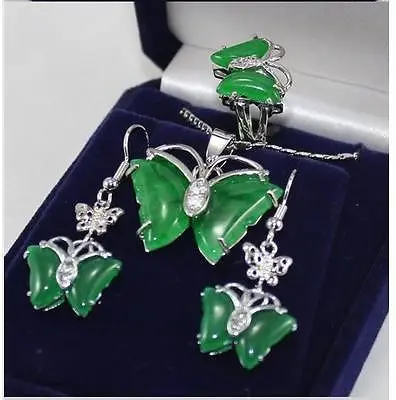 

free shipping>>> New Charming Natural Green Jade Butterfly Earrings Pendant Ring Set AAA style 100% Natural jade Noble Fine jewe