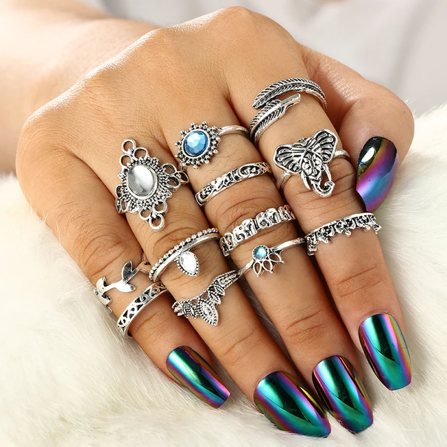 HuaTang Antique Silver Crystal Ring Set Knuckle Wedding Ring Set Geoemtric Elephant Opals Rings Anillos Anel Rings Jewelry 6581