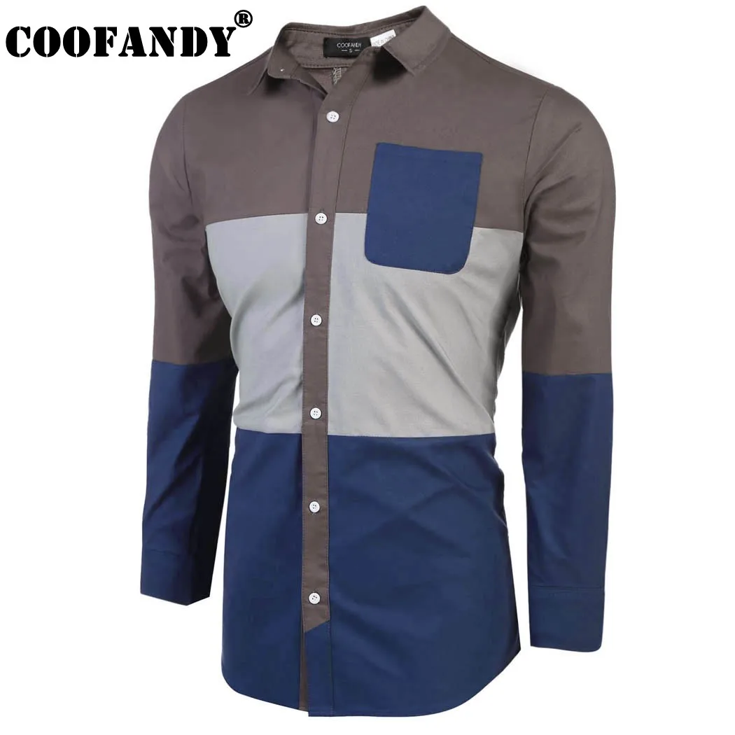 COOFANDY Men's Long Sleeve Contrast Color Patchwork Casual Button Down