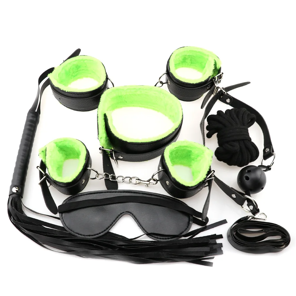 New arrival Leather Bondage Restraints Bdsm Set Funny Toy Slave Adult Love Games Sexy Mask Paddle Handcuffs Rope Bondage Kit - Color: 7pcs