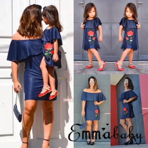 

2018 New Rose Embroidery Dress Off Shoulder Ruffle Dress Family Match Mother Daughter Summer Lady Kid Baby Girl Dress Size S-3XL