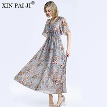 Women Chiffon Dress 2018 Summer Fashion Chiffon Floral Print Dress Butterfly Short Sleeve V-neck Long Slim Dress Vestidos Women Chiffon Dress 2018 Summer Fashion Chiffon Floral Print Dress Butterfly Short Sleeve V-neck Long Slim Dress Vestidos