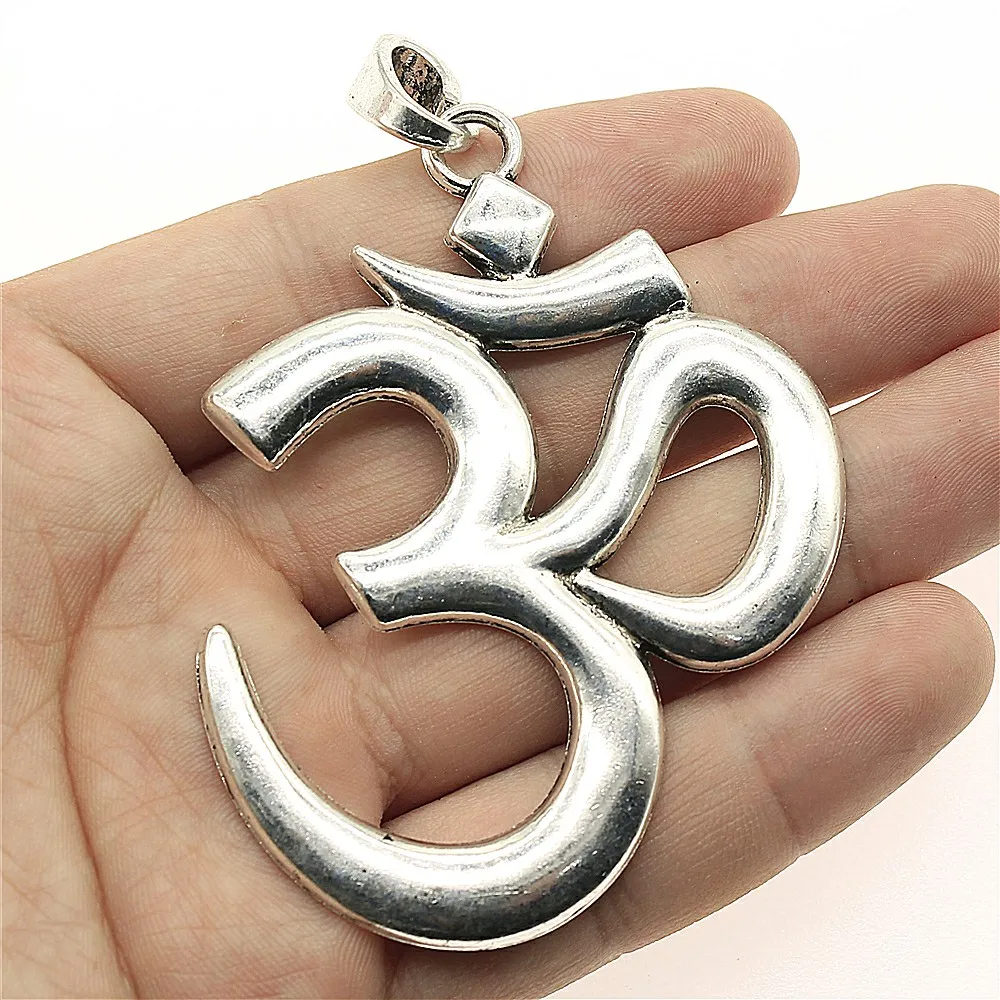 WYSIWYG 1pcs 75x56mm Antique Silver Color Big Om Yoga Pendant Charm Large Om Pendants Charm Big Om Charm