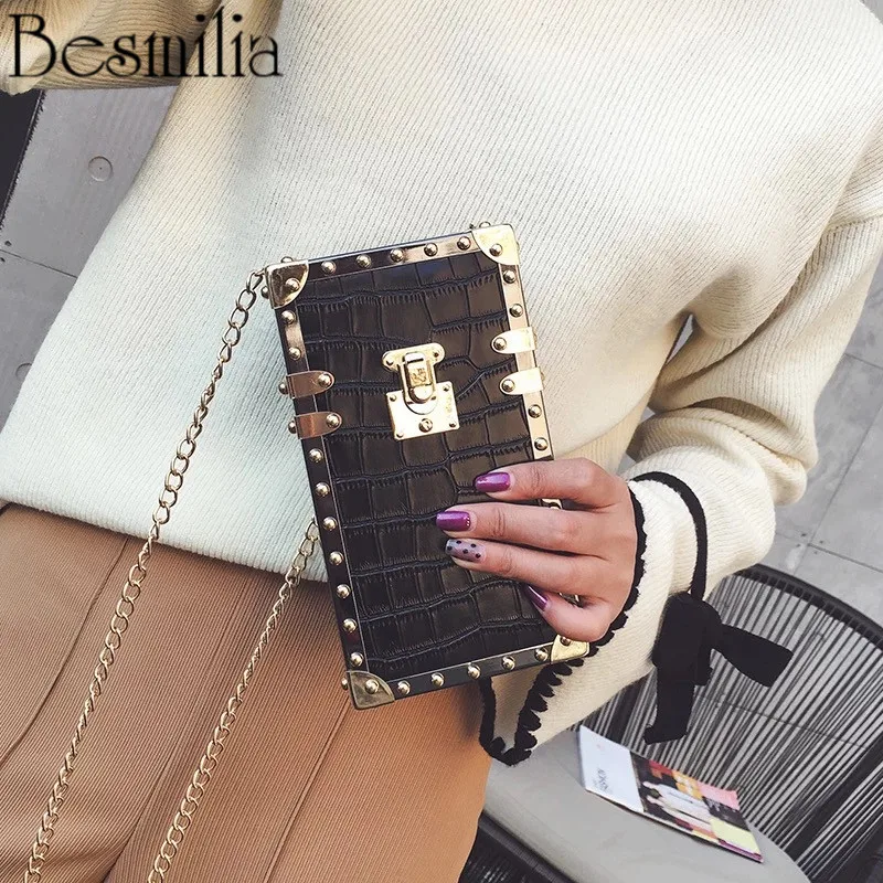 

Personality Mini Box Bag Alligaator PatternPU Leather Ladies Handbag Chain Shoulder Lock Cell Phone Bag Party Evening Bag Purse