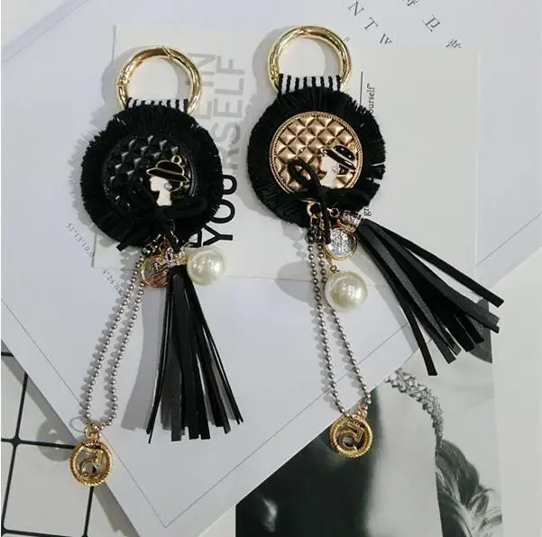 

Korean Trendy Big Leather Tassels Keychain Pearl NO.5 car hanger bag key chain cc element jewelry pearls hanger