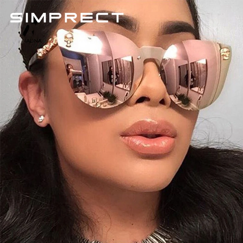 

SIMPRECT 2019 Cat Eye Sunglasses Women Retro Mirror Metal Frame Skull Sun Glasses Vintage Brand Designer Lunette De Soleil Femme