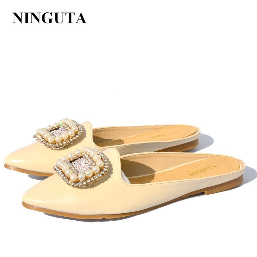 

NINGUTA pearl crystal summer shoes woman flat slides fashion slippers 33-43