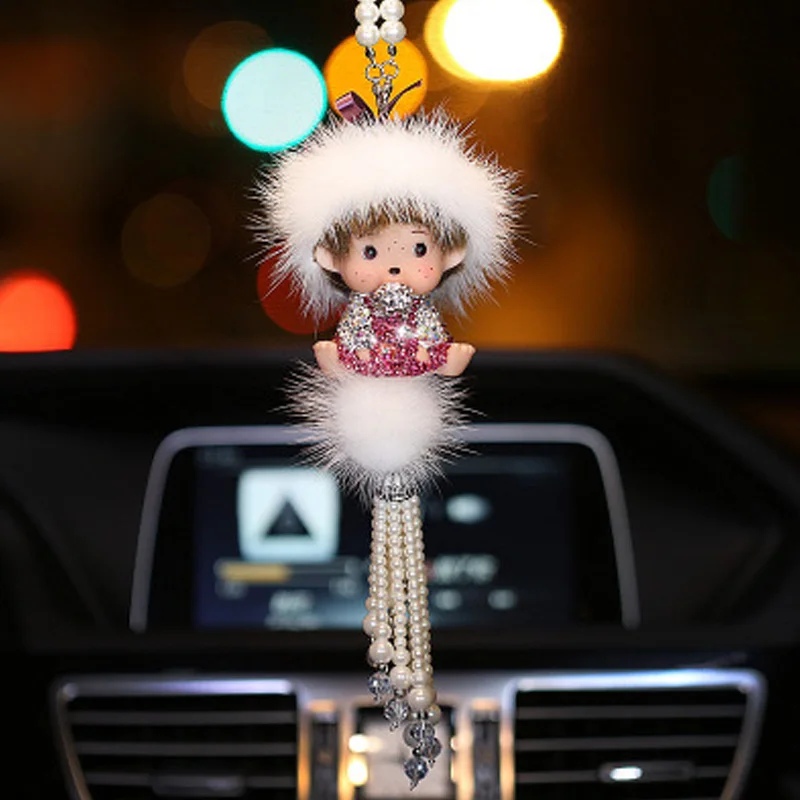 

Cute Cartoon Vehicle Trailer Inner Rearview Mirror Hanging with Diamond Crystal Pearl Swinging Tail Vehicle Decoration