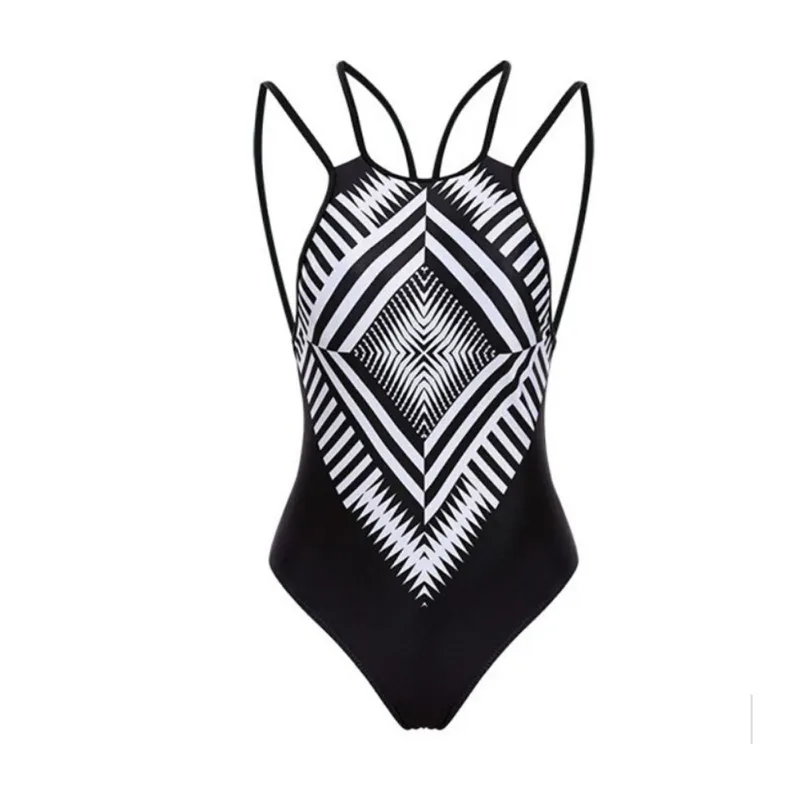 

Women Swimwear Sexy Black Geometrical Pattern Halter Padded Brazilian Bathing Suit 1pcs
