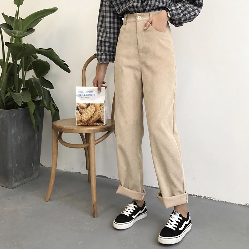 Женские одноцветные брюки с высокой талией, простые универсальные брюки в Корейском стиле с карманами на молнии, свободные женские брюки из мягкого вельвета - Цвет: apricot