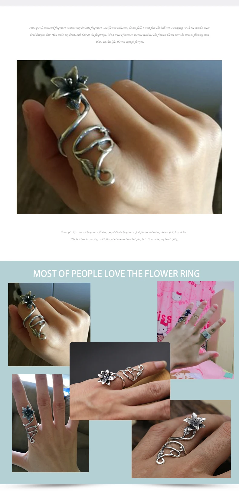Кольцо Настоящее 925 пробы Серебряное кольцо счастливый цветок регулируемое модное обручальное Брендовое ювелирное изделие для женщин R1201