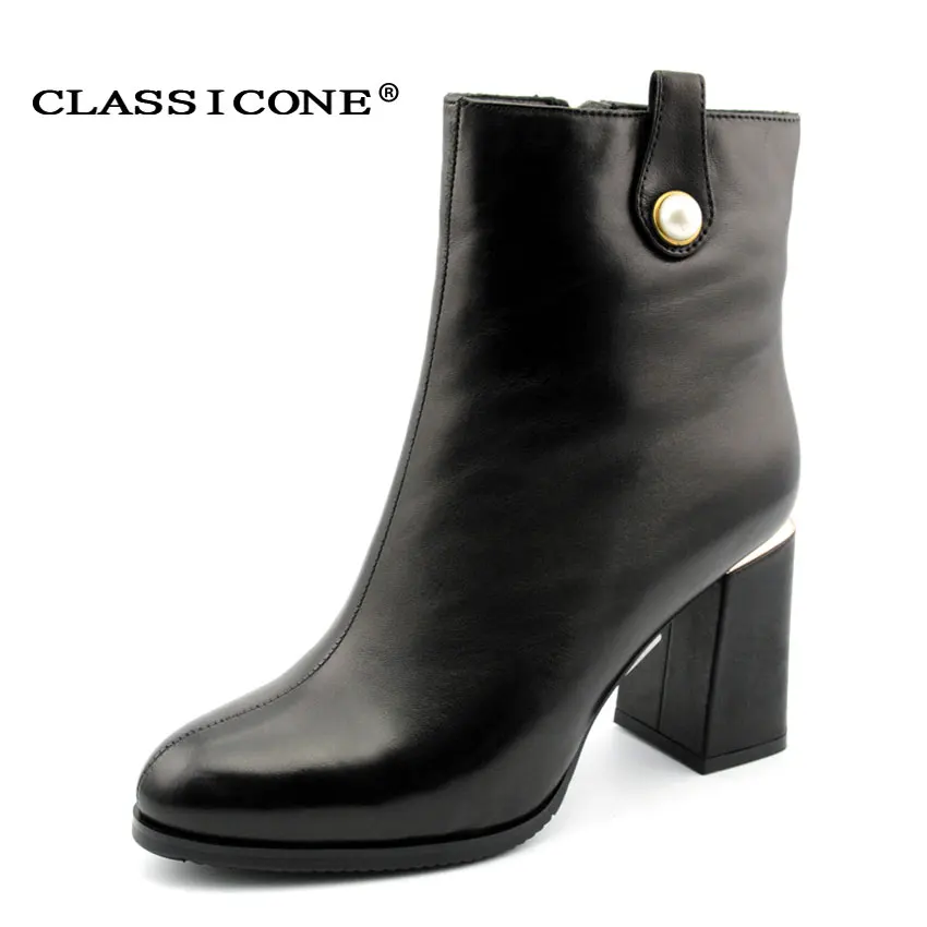 

CLASSICONE Winter woman shoes black high heels Genuine leather wool fur Inside warm Pumps shoe decoration women boots ankle boot