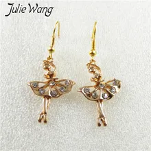 Julie Wang 1pair/pack Gold Color Embellished with White Crystal Ballet Girl Dance Styling Ear Hook Earrings For Women Lady Gift