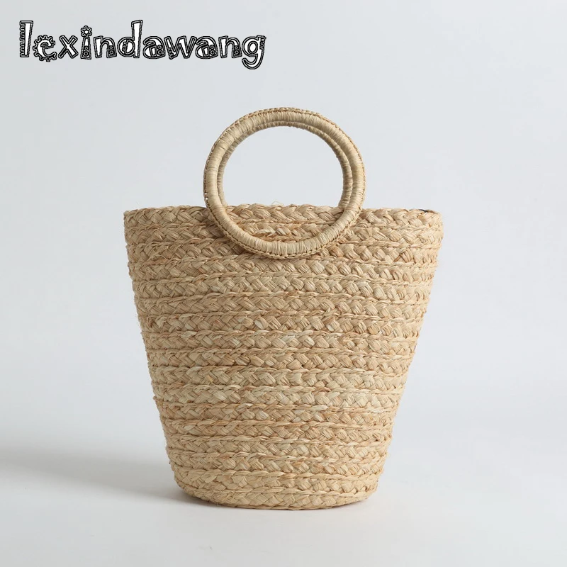Ring Hand Drawn Philippine Bucket Bag Summer Handmade Woven Straw Bag