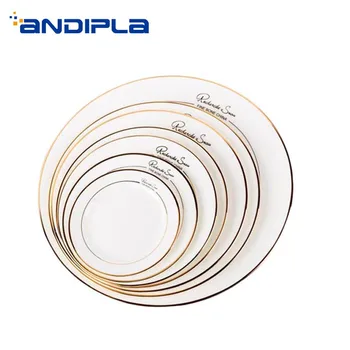 

Brief Gold Border Bone china Steak Spaghetti Plates Home Dinnerware Hotel Fruit Pastry Round Dish Handmade Ceramic Big Saucer