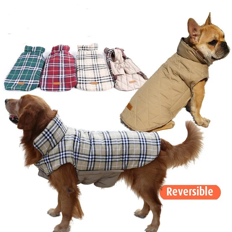 Waterproof Reversible Dog Jacket Designer Warm Plaid Winter Dog Coats Pet Clothes Elastic Small To Large Dog Clothes Winter
