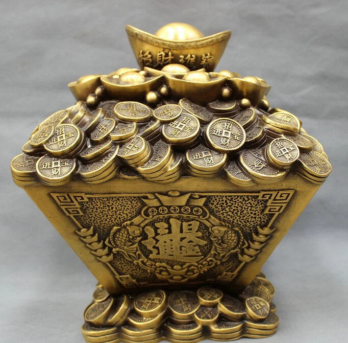 

USPS to USA S1577 11" Chinese Pure Bronze Folk Wealth Coin Statue Fish YuanBao Bucket Money Box (B0413)