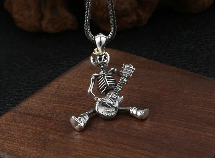 925 Серебряная подвеска «скелет» ожерелье 925 пробы череп-гитара Рок кулон ожерелье кулон в стиле хип-хоп ожерелье