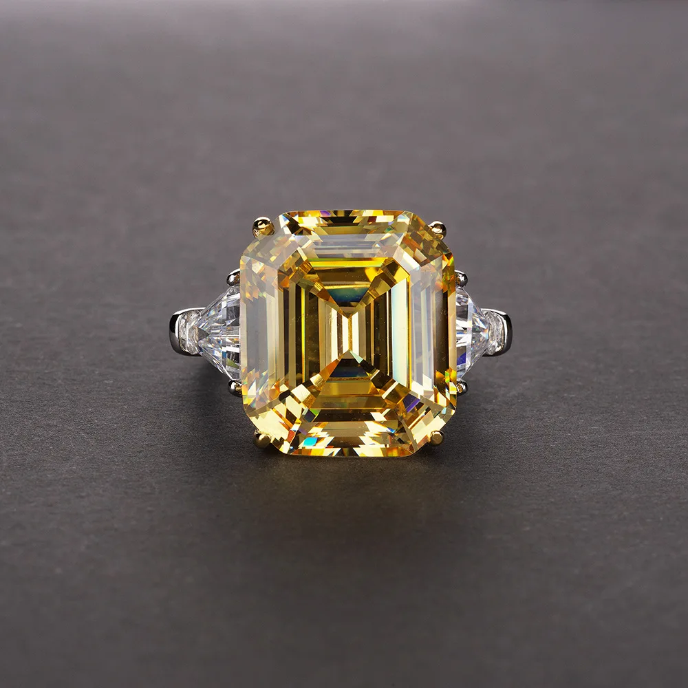 

Bilincolor big cubic zircon square yellow 925 sterling silver couple wedding ring for women