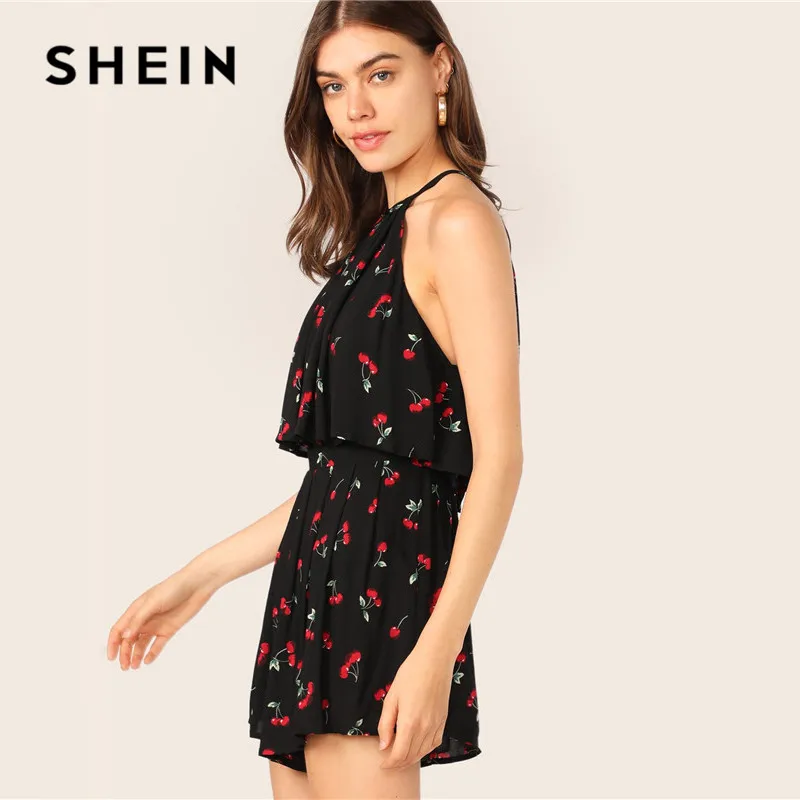 SheIn Womens Sleeveless Floral Print Halter Neck Backless Short Romper Jumpsuit