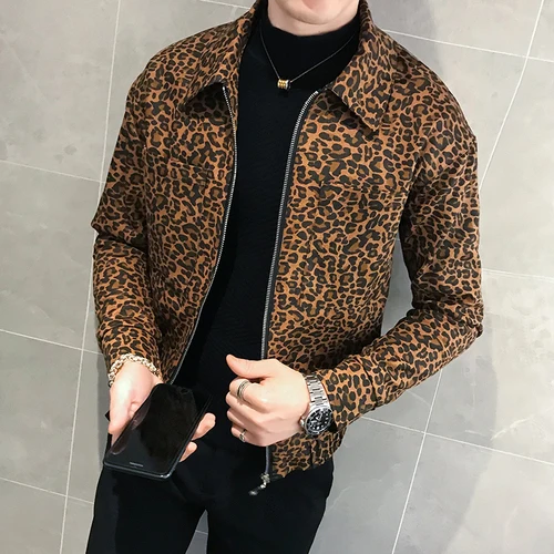 Leopard Printed Jackets Mens Autumn Mens Coat Jackets Zipper New Fashion Mens Designer Hombre Chaqueta Korean Streetwear - Цвет: Dark Brown