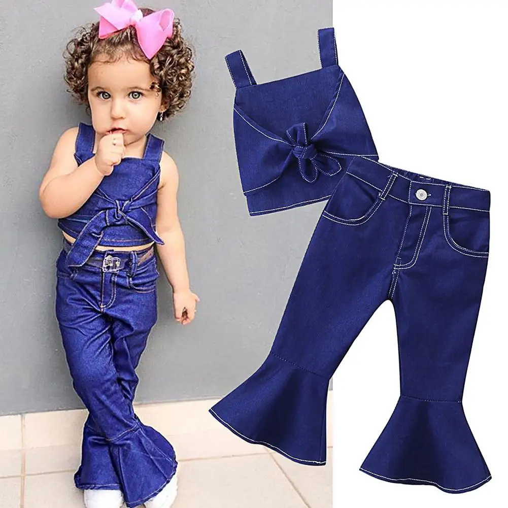 

2pcs/set Girl Fashion Bell-bottom Suspenders Jeans Tank Top Suit