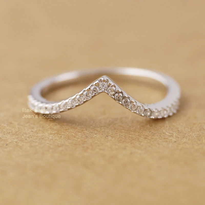 

925 Sterling Silver Wishbone Chevron Dainty Cubic Zirconia Ring A3657