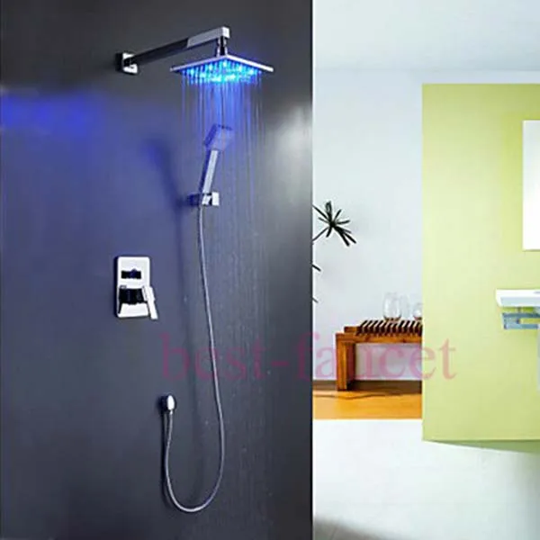

12" LED 3 Color Sqaure Rain Shower Faucet with Valve Handheld Shower Wall Mounted