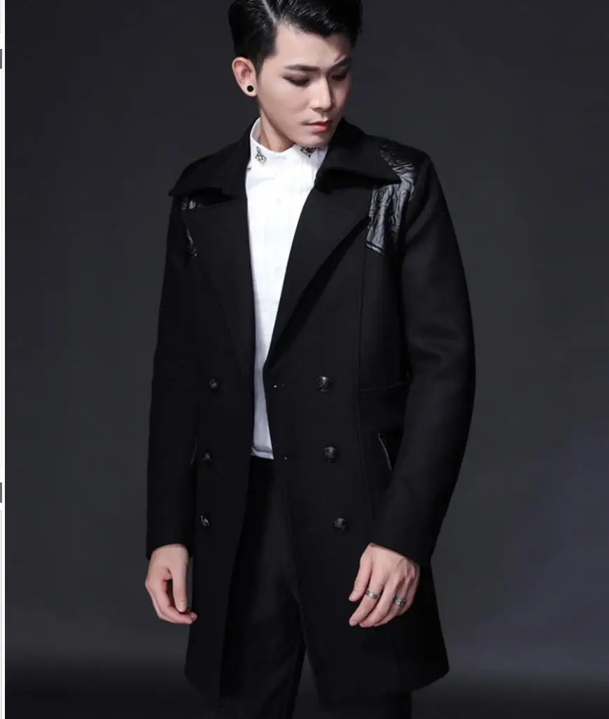 

M-2xl Men's Wool Coat New Trench Handsome Long Section Of The Winter Slim Fashion Knee Coat Pu Stitching Trendy Jacket Outwear