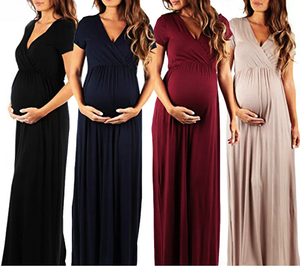 

Pregnant Long Dress Women Casual Short Sleeve V Neck Evening Party Long Maxi Maternal Pregnancy Dresses