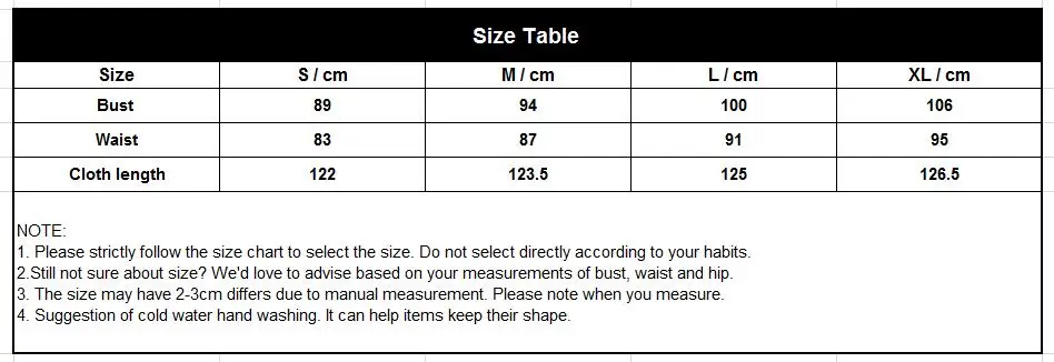size table