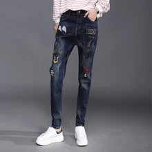 3069 весенние модные женские джинсы-шаровары с вышивкой, потертые джинсы, черные синие джинсы Feminino Patch в английском стиле