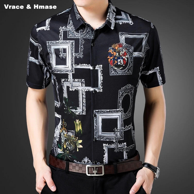 

NO.7609 European style geometric pattern printing fashion short sleeve shirt Summer 2018 New quality silk cotton shirt men M-3XL