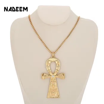 Egyptian Engraving Ankh Cross Pendant Necklace Gold Color Punk Corss Chain Necklace Jewelry