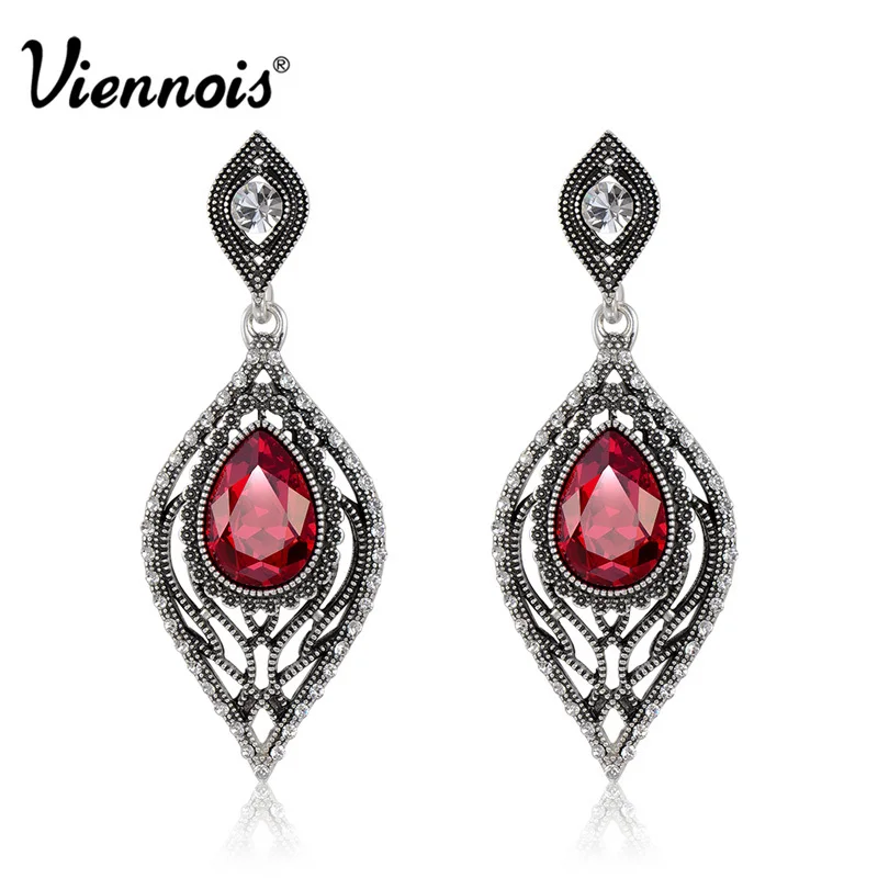 

Viennois Retro Silver Color Dangle Earrings for Women Water Drop Red/Blue Crystal Female Drop Earrings Vintage Earrings